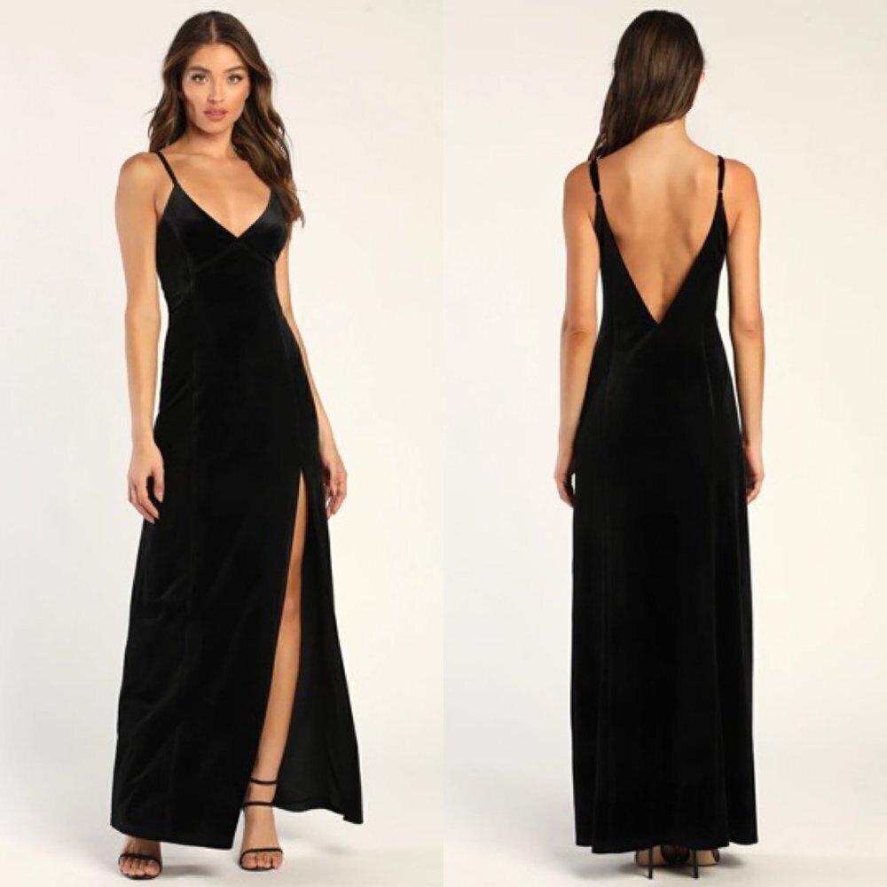 NWT Lulus Black V-Neck Promise of Forever Velvet Column Maxi Dress